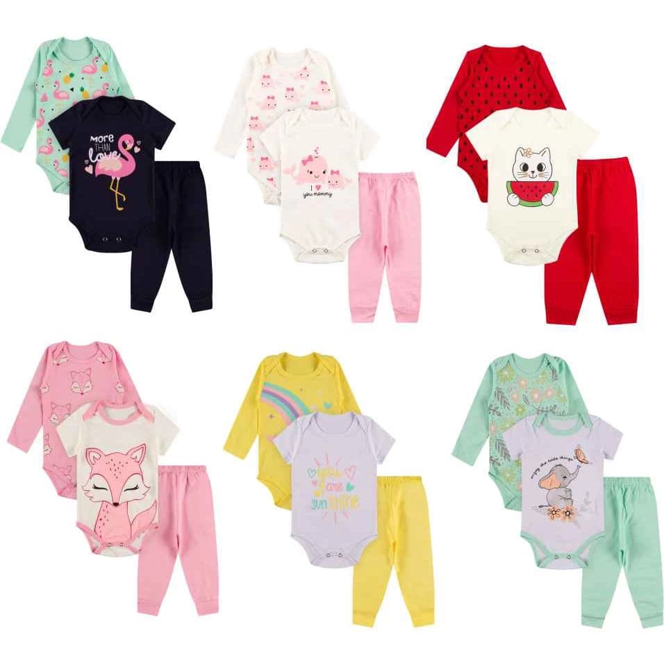 Kit Body roupa De Bebe 12 Peças Body Manga Longa e Curta e Calça Algodão Menina